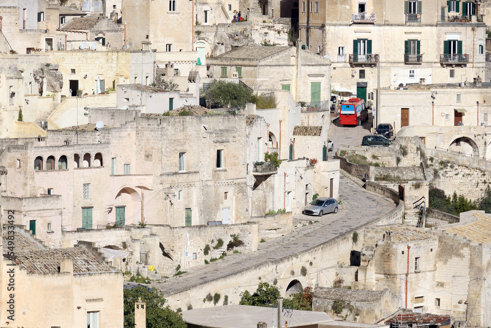 View of Sassi di Matera a historic district in the city of Matera, well-known for their ancient cave dwellings from the Belvedere di Murgia Timone, Basilicata, Italy