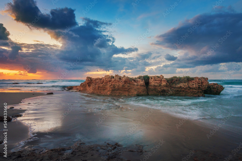 Sunset at Palmahim Beach National Park. Mediterranean coast, Gush Dan district, Israel.