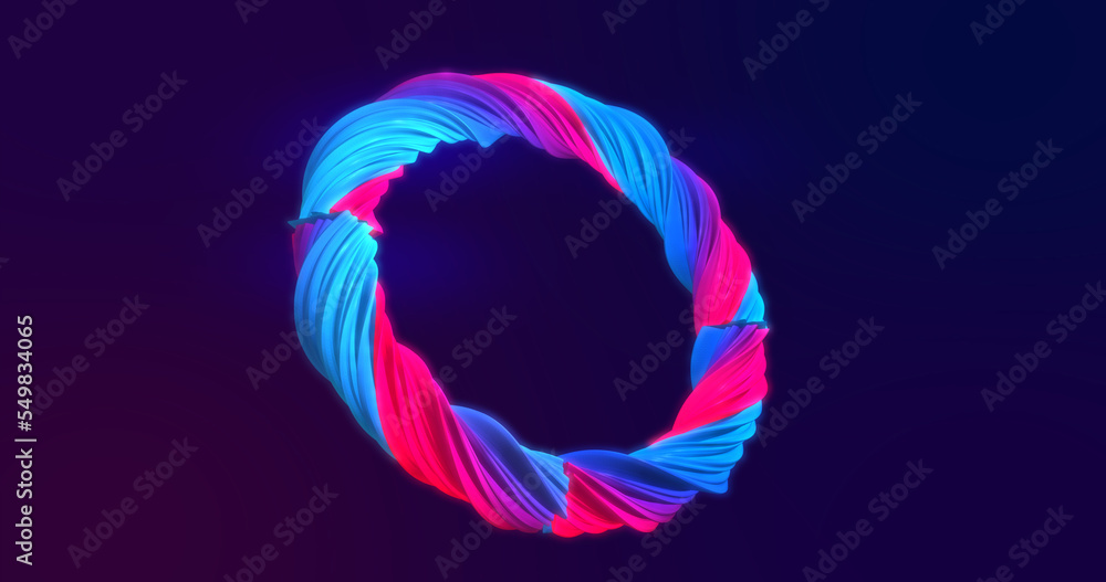 Obraz premium Abstract looped beautiful voluminous multi-colored luminous pink-purple twisting ring made of metal and lines on a dark background