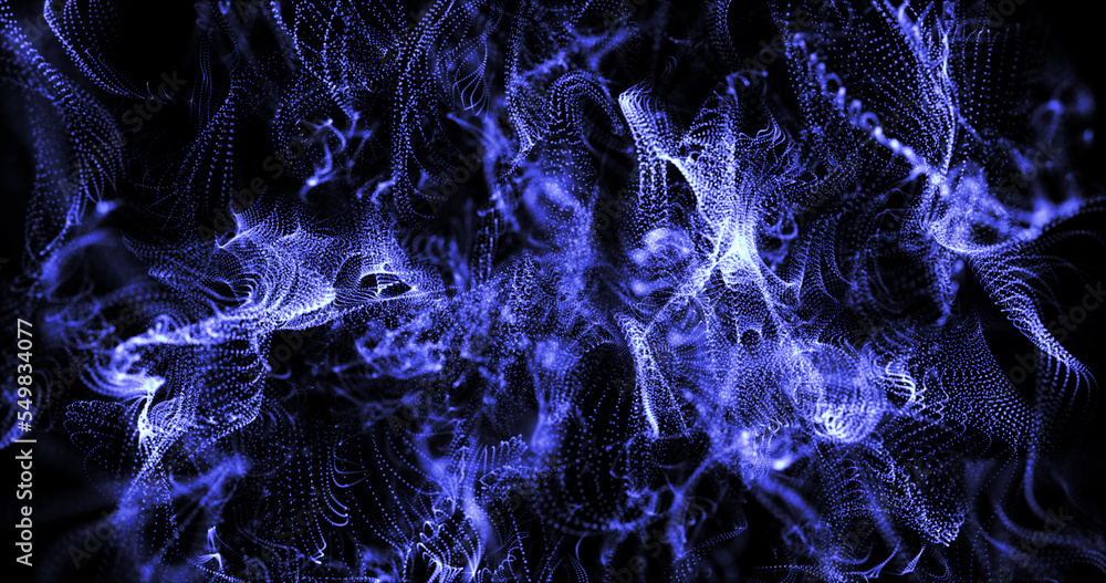 Obraz premium Abstract background of blue moving flying small particles or waves of smoke with a glow and blur effect. Screensaver beautiful