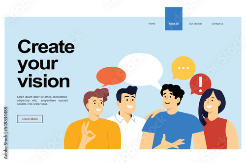 Men and women communicating. Group of people with speech bubbles talking. Flat vector illustration. Business discussion or meeting web banner