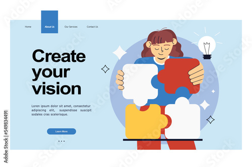 Businesswoman assembling together jigsaw puzzle pieces. Concept of brainstorming, project planning and business process. Work organization management banner, web landing page. Business solution
