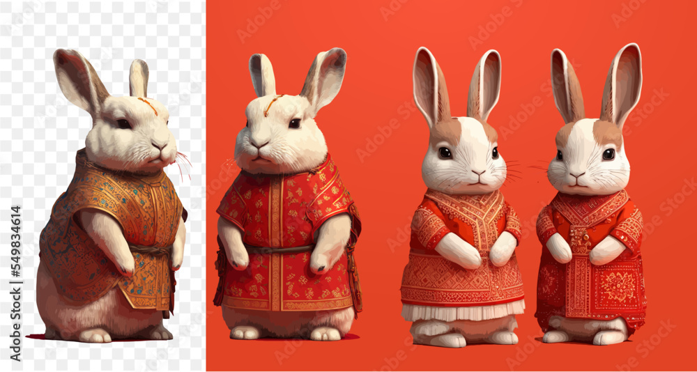 A set of cute rabbits isolated on a white background dressed in ...