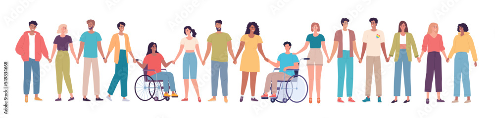 Fototapeta premium Different people stand together and hold hands to support each other. People with disabilities 
