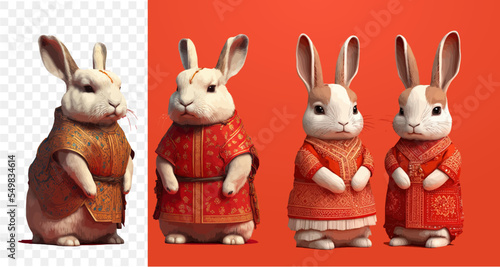 A set of cute rabbits isolated on a white background dressed in national Asian outfits in various expressions and poses. Collection of Chinese Lunar New Year. It is well suited for postcards, prints.