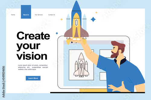 Business start up concept for web page, ui, banner, presentation, social media. New business launch process, idea project planning and realization, strategy. Young company launch rocket into space
