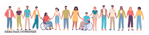 Different people stand together and hold hands to support each other. People with disabilities 