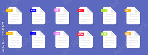 File formats icons set. Document types. Document file icons. Pdf, doc, jpg, xls, zip, rar, txt, avi, mow, eps. Icons for download. Graphic templates for ui in flat style. Vector illustration