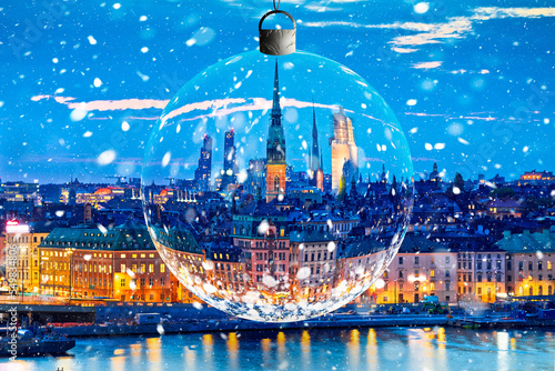 Photography Stockholm skyline advent evening snow view through glass christmas ball