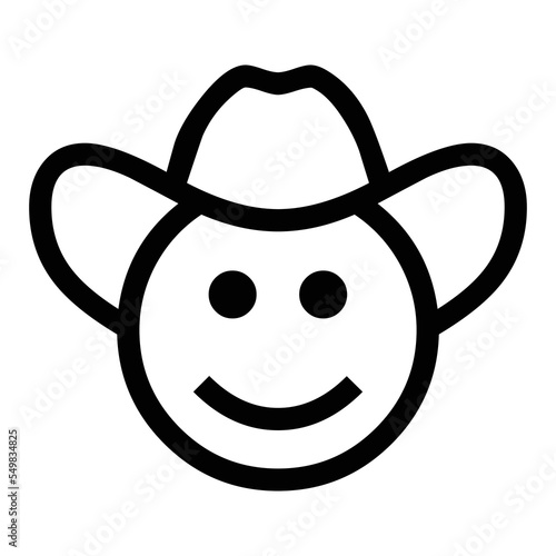 Cowboy Hat Face vector flat emoji. Isolated yellow smiley wearing a wide-brimmed, brown-leather cowboy hat sign design.