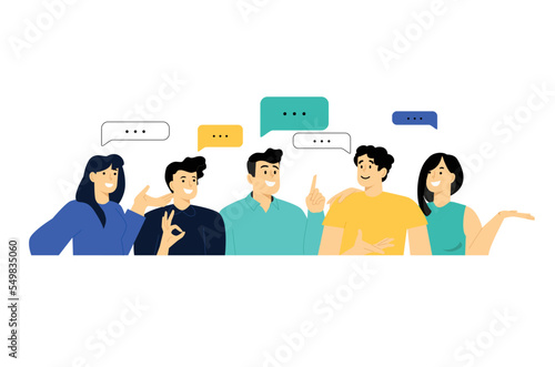  Men and women communicating. Group of people with speech bubbles talking. Flat vector illustration. Business discussion or meeting web banner