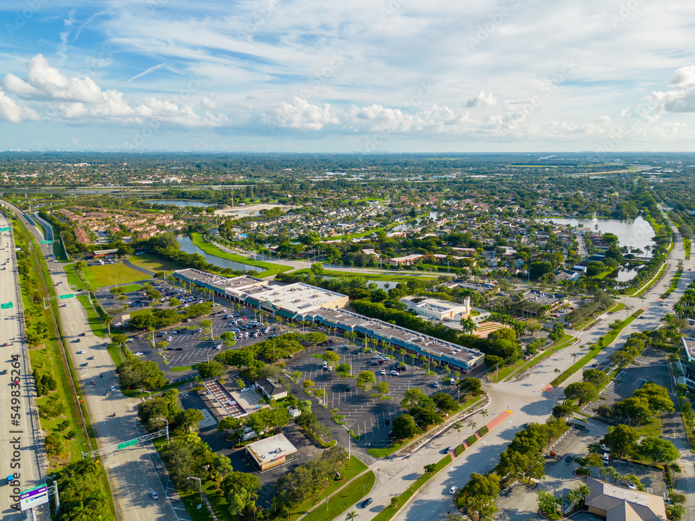 Aerial drone photo of shopping plaza in Sunrise FL by Weston Road