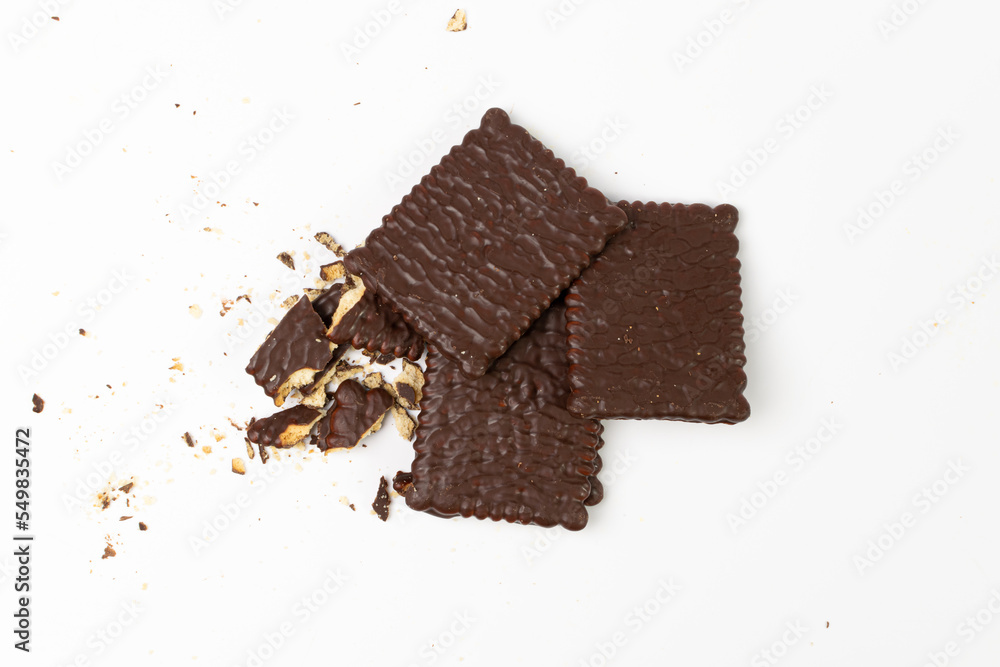 Broken Biscuit Coated in Dark Chocolate Isolated, Crumbled Square Cookies, Rectangular Shortbread Pieces Broken Biscuit Coated in Dark Chocolate Isolated, Crumbled Square Cookies, Rectangular Shortbread Pieces