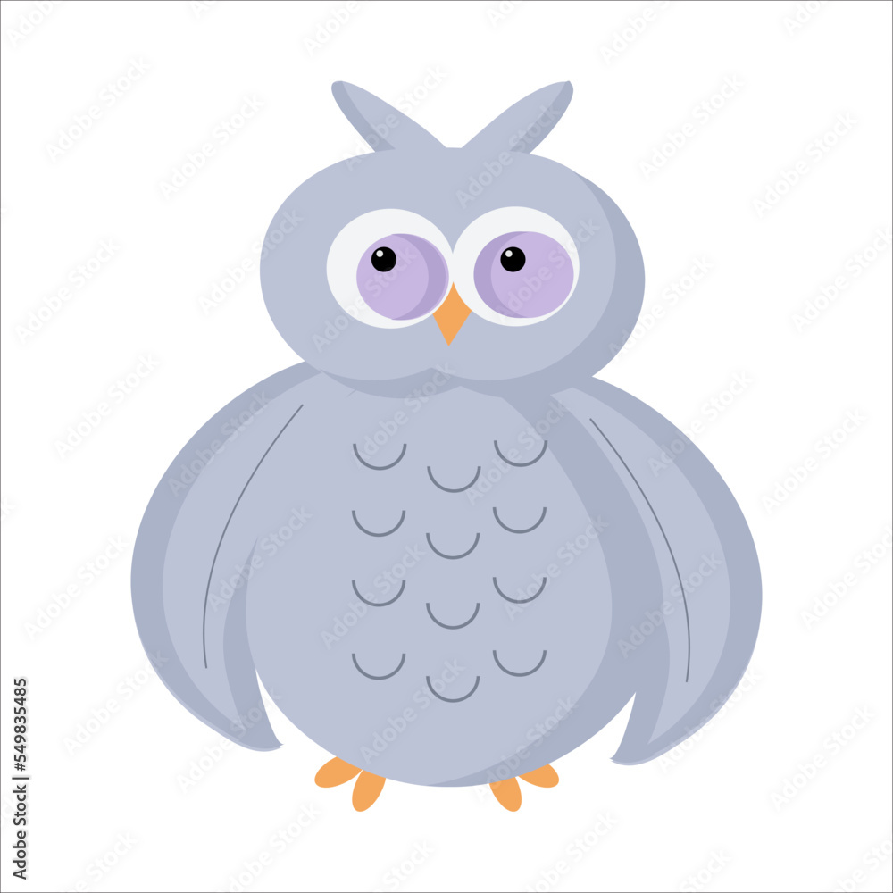 Gray owl with purple eyes on white
