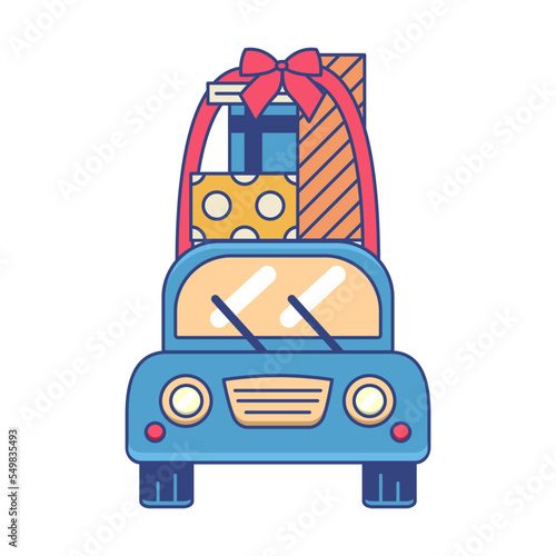 The blue car carries gifts. Gifts are tied with a bow. Preparation for the holiday. New Year Sale. Christmas rush. Gift delivery. Have time to buy gifts. Vector illustration