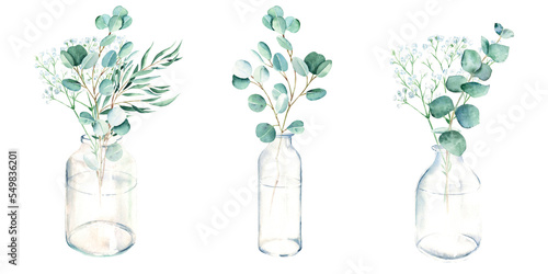 Eucalyptus and gypsophila branches in vase, jar. Watercolor hand drawn botanical illustration isolated on white background. Eco minimalistic style for greeting card, poster.