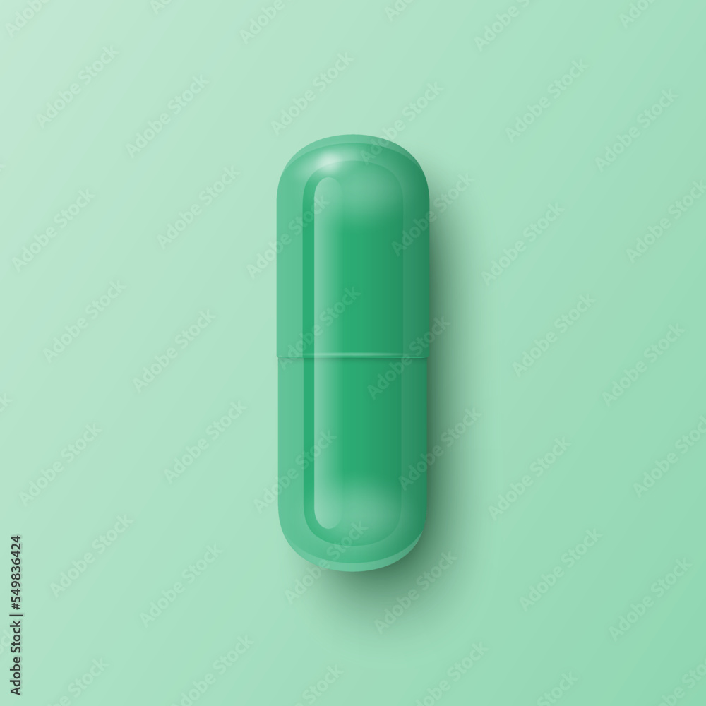 Vector 3d Realistic Green Pharmaceutical Medical Pill, Capsule, Tablet on Green Background. Front View. Herbal Medicine Concept Vector 3d Realistic Green Pharmaceutical Medical Pill, Capsule, Tablet on Green Background. Front View. Herbal Medicine Concept