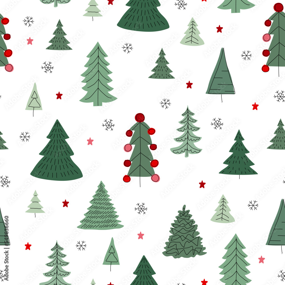 Winter seamless pattern with simple minimalist trees on white background.