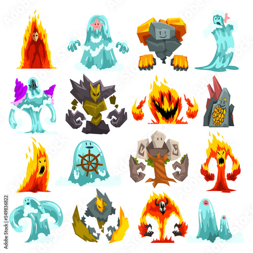 Set of monsters. Funny fearsome fire, stone and water mythical creatures cartoon vector illustration