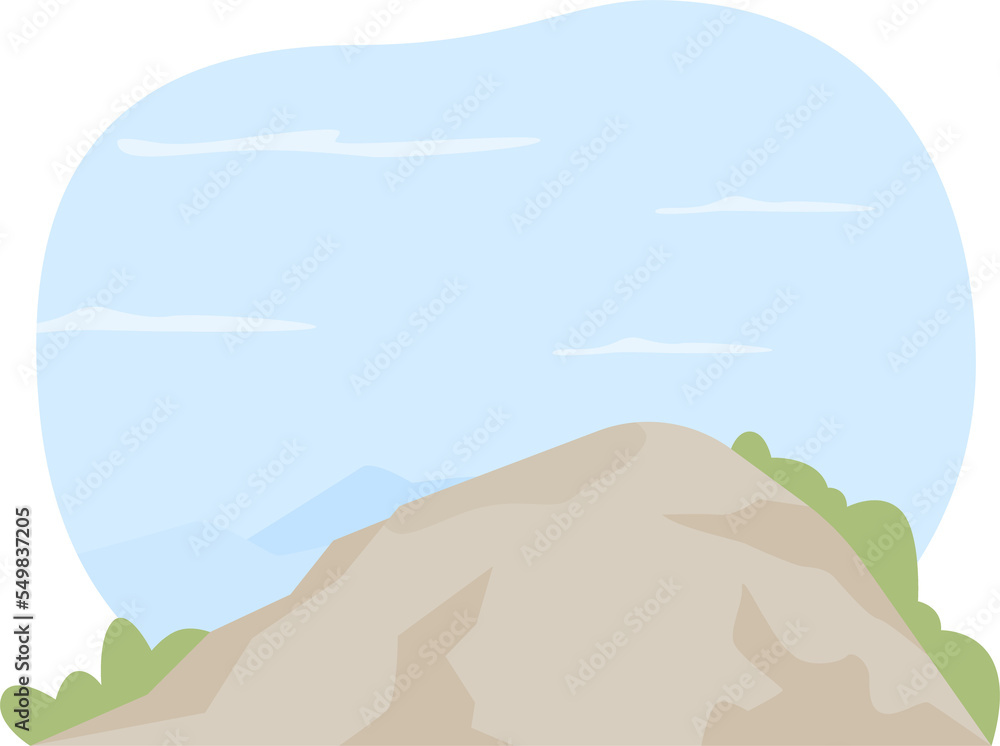 Mountain peak 2D raster isolated illustration. Summit flat landscape on cartoon background. Climbing to top of mountain for goal achievement colourful scene for mobile, website, presentation