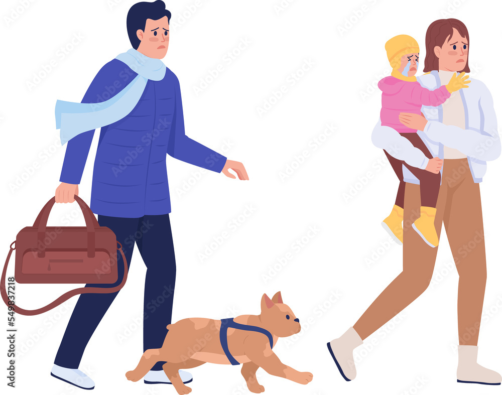 Ukrainian family escape war semi flat color raster characters. Humanitarian crisis. Anxious figures. Full body people on white. Simple cartoon style illustration for web graphic design and animation