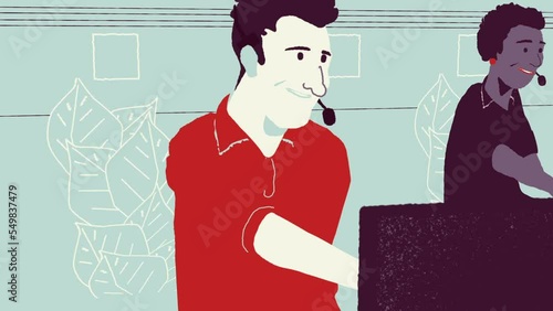 Illustration 60's A call centre, agents with head phone receiving or transmitting enquiries by telephone. Contact centre open workspace for call center agents, with workstations  computer and display.