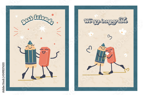 Cartoon happy pencil and eraser inseparable friends, romantic couple. Smiling characters with joyful emotions in romantic relationships. Education, school concept. Set of vector cards, posters, flyers