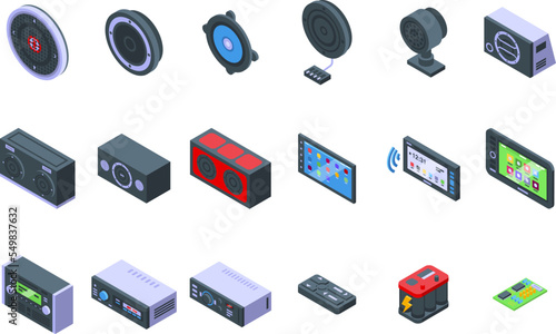 Acoustics for the carmusic icons set isometric vector. Sound bass. Audio auto