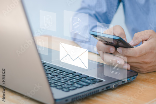 Email marketing and newsletter concept, data center and internet advertising. Sending documents digitally using email. Customer support.