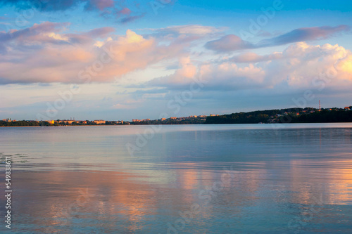 beautiful landscape of Ternopil city with lake water and beautiful clouds in the evening sky