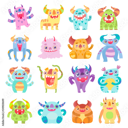 Set of cute funny monsters. Happy colorful aliens or mythical creatures cartoon vector illustration