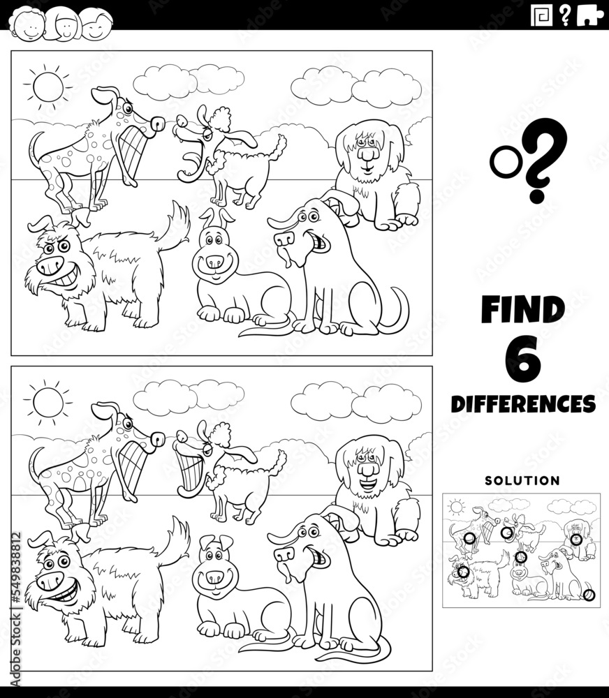 differences game with cartoon dogs coloring page