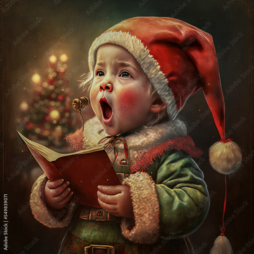 Pequeño ayudante de Santa Claus cantando villancicos - obrazy, fototapety, plakaty 