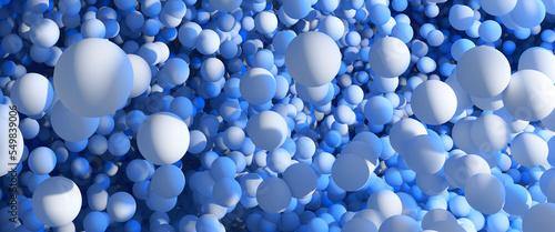 3d Render: White sphere particles floating in blue. Widescreen 8k - 7680x3200. Original artwork, Non-ai. photo