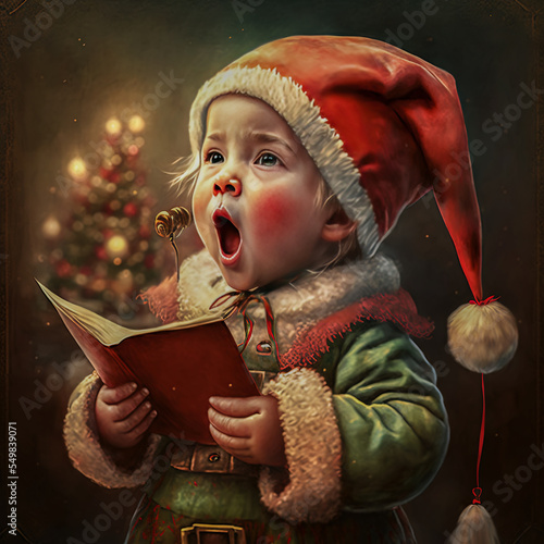 Pequeño ayudante de Santa Claus cantando villancicos