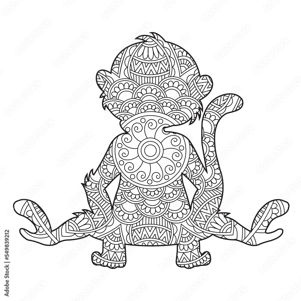 Zentangle monkey mandala coloring page for adults christmas monkey and floral animal coloring book isolated on white background antistress coloring page vector illustration