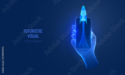 Rocket launch in digital futuristic style. Hand holding smartphone with spaceship, startup concept. Vector illustration of project launch