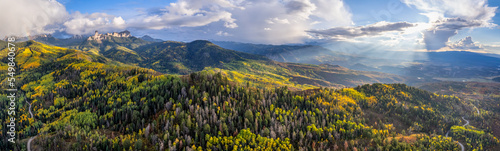 Colorado Rocky Mountains panorama  - Autumn golden aspen leaves - Chimney Rock - County Road 8 