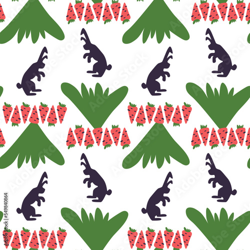 Seamless pattern for printing on textiles and packaging. Carrot in cartoon style on a white background. A dietary healthy vegetable that rabbits love. Silhouettes of rabbits reaching for a carrot.
