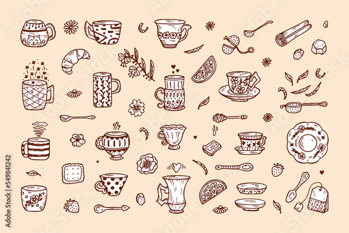 Hand Drawn doodle Coffee Cups or Tea Cups and Different additives for tea drinking - Vector Set