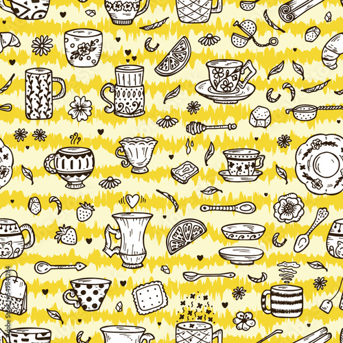 Hand Drawn doodle Coffee Cups or Tea Cups and Different additives for tea drinking - Vector Seamless Pattern