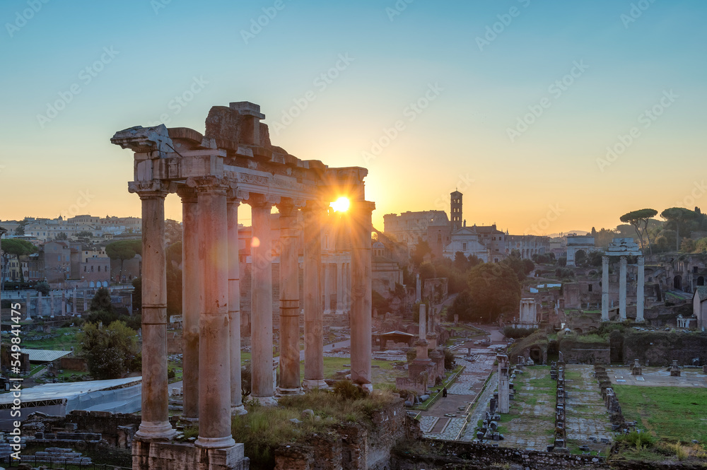 Sunrise at ruins of the Roman Forum in Rome, Italy.	