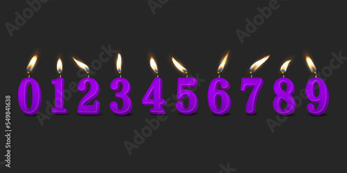 Vector 3d Realistic Paraffin or Wax Burning Purple Birthday Party Candles, Numbers and Different Flame of a Candle Icon Set Isolated. Design Template, Clipart, Birthday Concept. Front View
