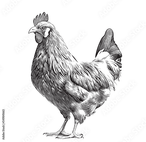 Fotografiet Farm hen chicken sketch hand drawn in engraved style sketch Vector illustration