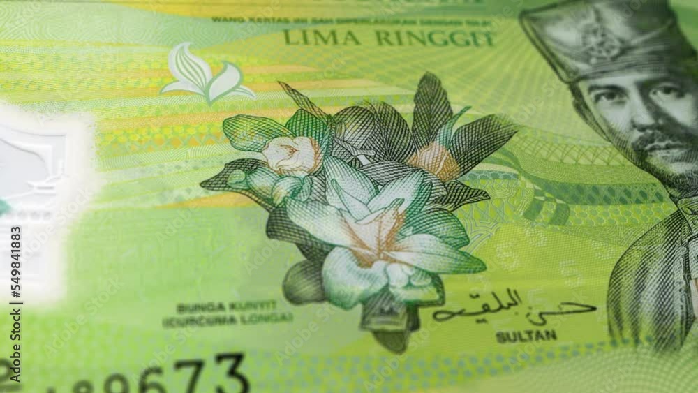 Brunei Brunei Dollar 5 Banknotes, Five Brunei Dollar, Closeup and