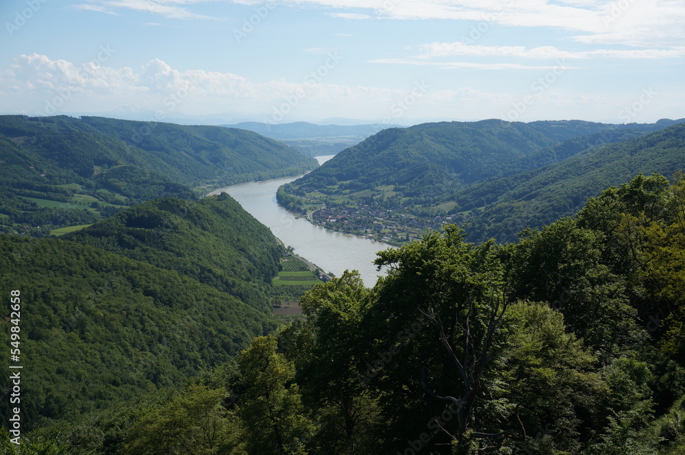 Wonderful view to danube river between hills and mountains with green forest. View from castle aggstein. Lower Austria, Austria
