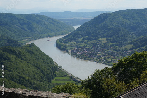 Wonderful view to danube river between hills and mountains with green forest. View from castle aggstein. Lower Austria, Austria © grahof_photo