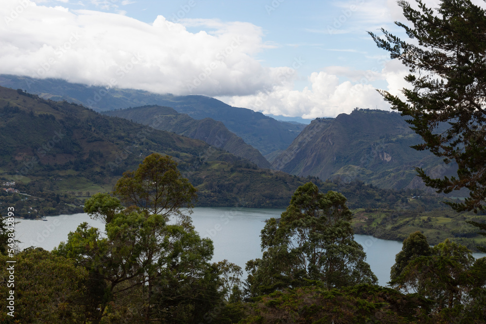 Colombian guavio region valley landscape with andean mountains range and guavio reservoir