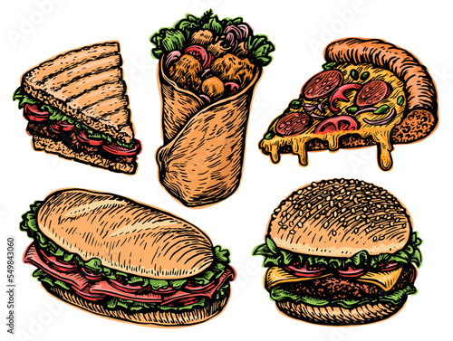 Fast food set. Burger, Burrito, Cheeseburger, Sandwich, slice of Pizza. Restaurant or diner menu. Vector illustration
