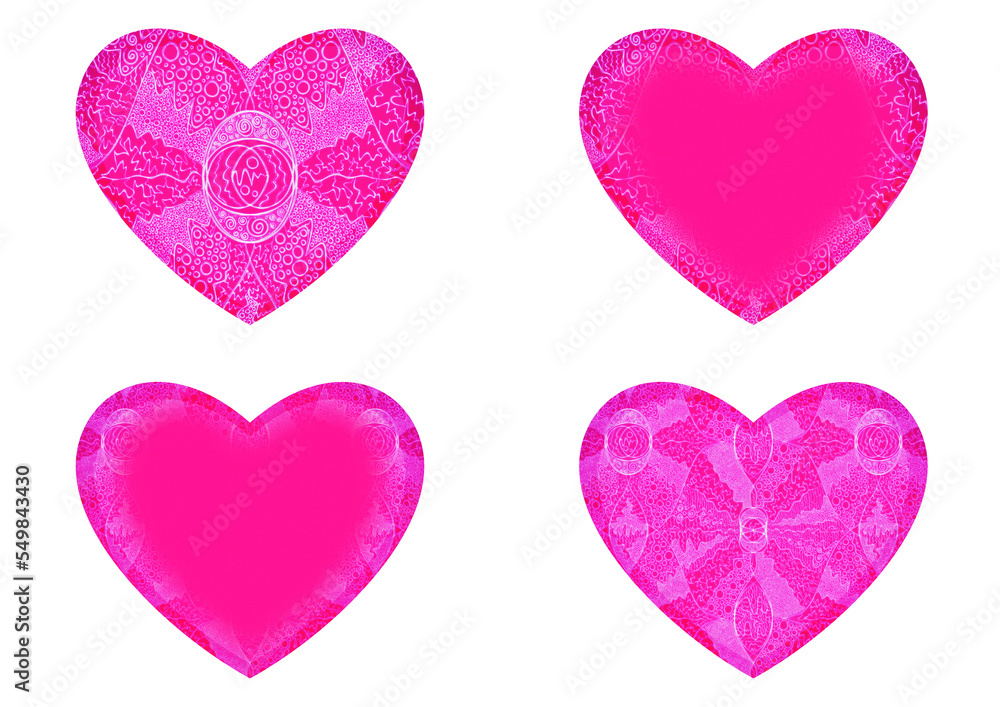 Set of 4 heart shaped valentine's cards. 2 with pattern, 2 with copy space. Neon plastic pink background and glowing pattern on it. Cloth texture. Hearts size about 8x7 inch / 21x18 cm (p05ab) Set of 4 heart shaped valentine's cards. 2 with pattern, 2 with copy space. Neon plastic pink background and glowing pattern on it. Cloth texture. Hearts size about 8x7 inch / 21x18 cm (p05ab)